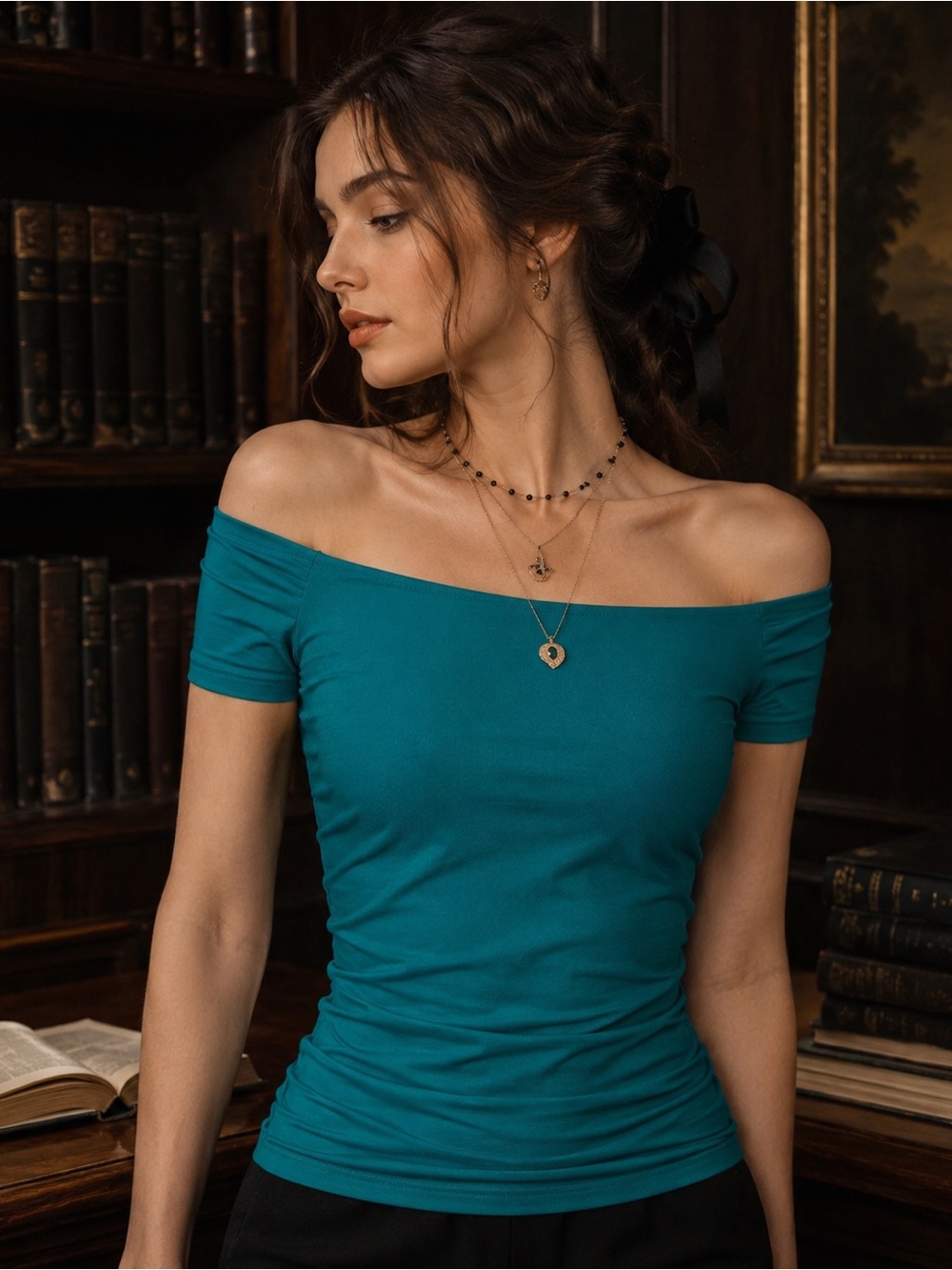 Teal Off-the-Shoulder Fitted Top Everyday Chic Style